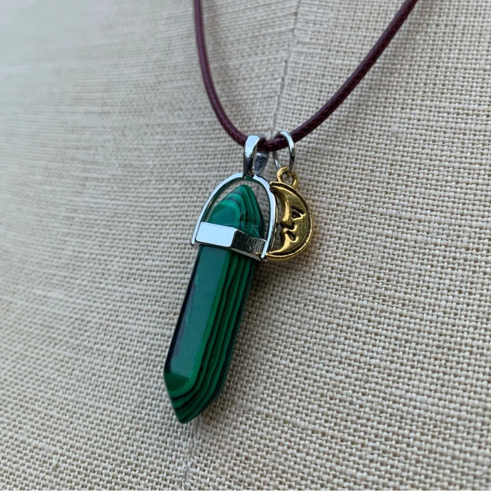 Handmade Malachite Dagger Tower Amulet with Moon Charm_4